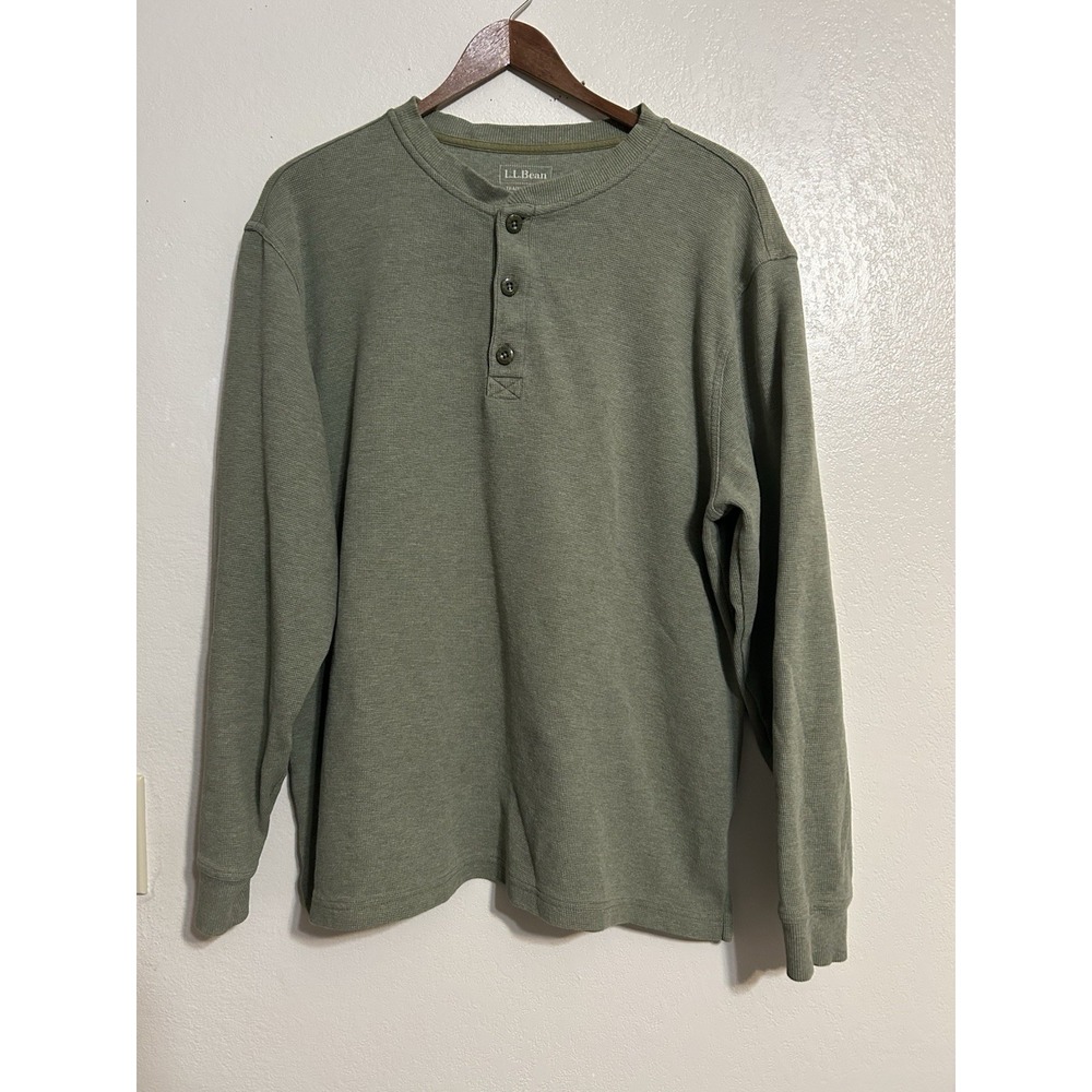 LL Bean Henley Shirt Mens L Light Green Waffle Knit Long Sleeve Traditional Fit